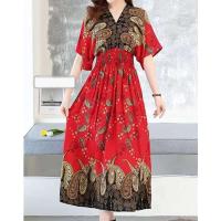 Casual bohemio estilo nacional con cuello en V cintura elástica gran Swing impreso verano Falda larga mujer vestido ropa - details 36