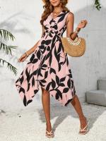 Falda media falda larga sin mangas con estampado de hojas, vestido irregular de giro, sentido del diseño de las mujeres de primavera y verano - details 3
