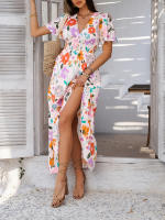 2025 Primavera / Verano Casual Bomisia Vacaciones Estilo Estampado Contraste Color Cuello en V Cintura alta Vestido de manga corta - details 10