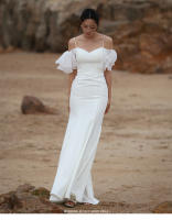 Vestido ligero con tirantes y mangas de hoja de loto blanco, minimalista, estilo francés, cola de pez de satén elástico de alta gama para boda nupcial - details 0