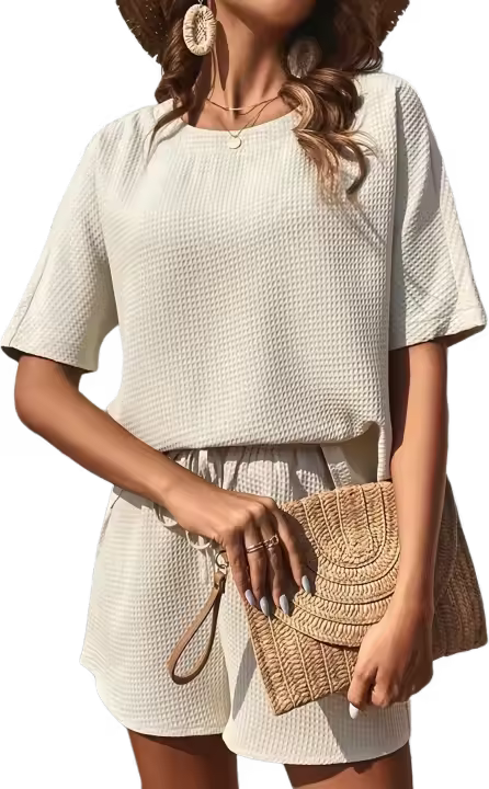Traje de verano de dos piezas para mujer, conjuntos informales de Jersey, Tops y pantalones cortos, Beige S - 1