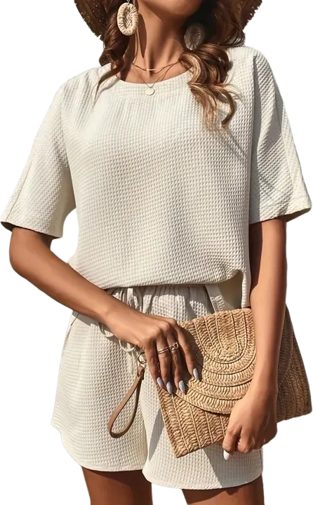 Traje de verano de dos piezas para mujer, conjuntos informales de Jersey, Tops y pantalones cortos, Beige S - 1