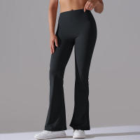 Leggings de yoga de color sólido para mujer, pantalones acampanados de cintura alta, elásticos, entrenamiento, pierna ancha - details 25