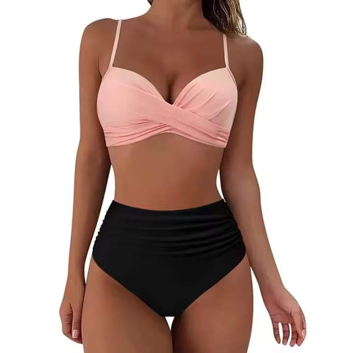 Conjunto de Bikini Sexy de dos piezas para mujer, ropa de playa Unicolor con realce, Tr de verano, Bikini Triangular, baño Ba de cintura, 2024 - 1