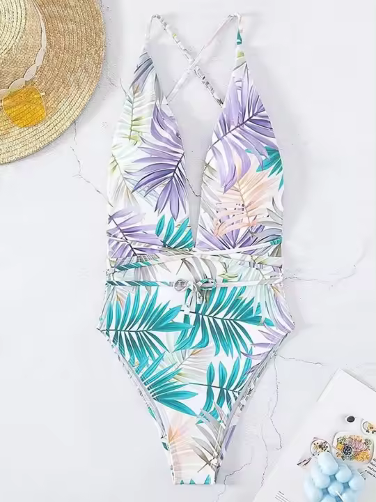 Vigoashely Sexy con cuello en V profundo para mujer, de una pieza con cinturón hueco cruzado y diseño sin espalda, Monokini, traje de baño de verano 2025 - 1