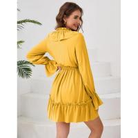 Vestido elegante de manga larga con cuello en V para mujer, vestido corto con volantes, color sólido, informal, nuevo en promoción - details 9
