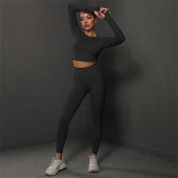Conjuntos de gimnasio para mujeres 2 piezas manga larga ropa de yoga top cropped costilla alta leggings sin costuras material elástico para primavera/verano - details 0