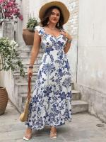 BSIE Vestido largo de talla grande con cuello en forma de corazón y volantes para mujer, estampado de vacaciones en la playa, paridad sin costuras - details 4