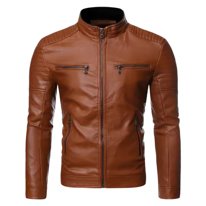 Chaqueta de cuero, cremallera de doble rayas, cuello alto para hombre, chaqueta delgada de primavera y otoño - 1