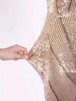Vestido de noche de fiesta con lentejuelas elásticas y cuello redondo, sin tirantes, dorado - details 15