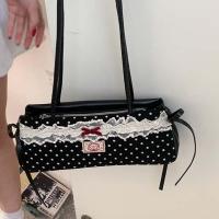 Bolso de mano francés dulce que combina con todo, bolso de mano con lazo de gran capacidad, bolsos para axilas de lunares, bolso de hombro de PU de encaje de estilo coreano, escuela - details 16