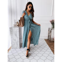 Vestido boho con cuello en V de lunares de verano, manga corta, falda larga, estampado de lunares - details 2