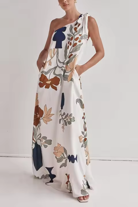 2025 primavera y verano europeos y americanos nuevo vestido de bolsillo estampado con hombro inclinado INS vestido de vacaciones suelto informal regalo - 1