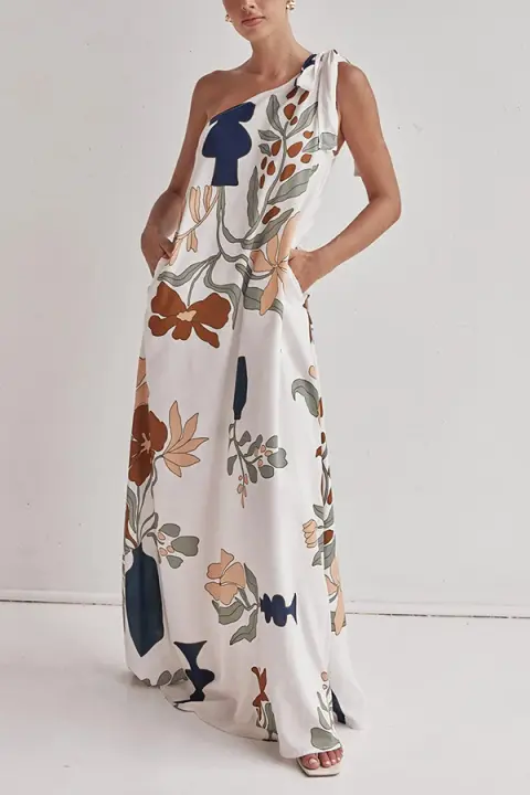 2025 primavera y verano europeos y americanos nuevo vestido de bolsillo estampado con hombro inclinado INS vestido de vacaciones suelto informal regalo - 1
