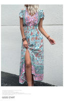Vestido Boho Floral Vintage Manga Corta, Cuello en V, Vestido de Playa de Verano Bohemio - details 13