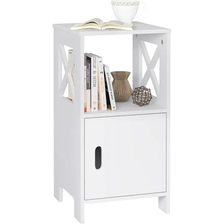 Mesa de Noche Moderna con Cajón Abierto y Puerta 30x30x60 cm MDF TSR166ws-2 - 1