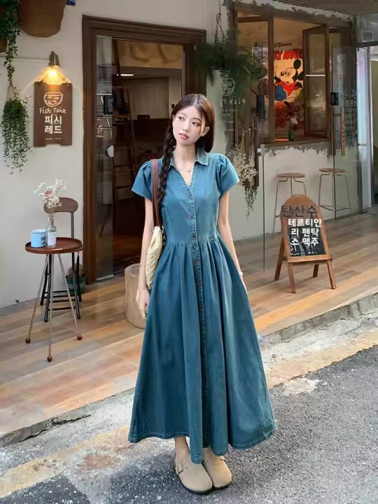 Vestido vaquero Vintage elegante con cuello en V, falda acampanada de longitud media, cintura alta coreana, manga corta, moda de verano para mujer - 1