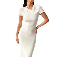 Vestido ajustado liso con cuello redondo para mujer, vestido midi informal de manga corta para uso diario al aire libre, vestido para mujer, ropa de mujer, trajes de verano 2024 - details 7