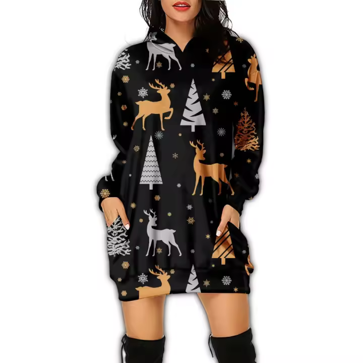 Vestido con Capucha de Manga Larga Estilo Casual para Mujeres Vestido Impreso para Fiesta de Navidad y Año Nuevo - 1