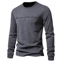 Nueva camiseta de manga larga de color sólido para hombre, talla europea, deportes casuales, cuello redondo, camisa de manga larga con estampado de letras de algodón puro - details 4