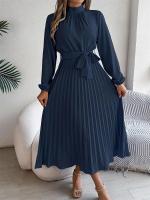 Vestido plisado elegante con cuello levantado y manga larga y cintura cerrada para mujer, vestido largo de Otoño Invierno - details 16