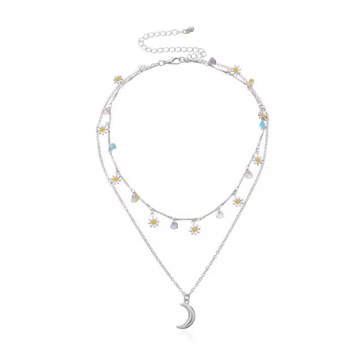 Colgante de luna Retro a la moda para mujer, conjunto de diamantes de flores, Collar Simple, cadena corta de clavícula - 1
