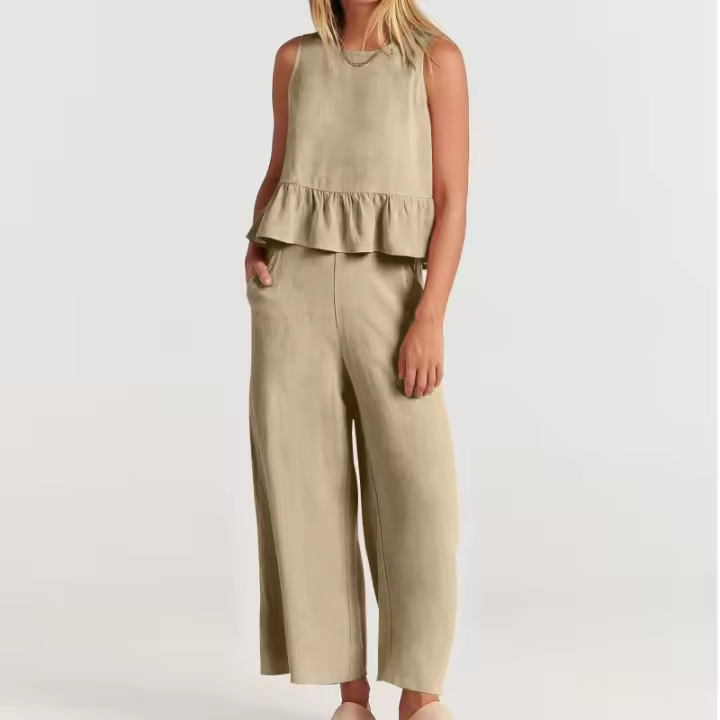 Traje casual para mujer con bordes con volantes y conjunto de dos piezas suelto de lino de algodón sin mangas de color sólido - 1