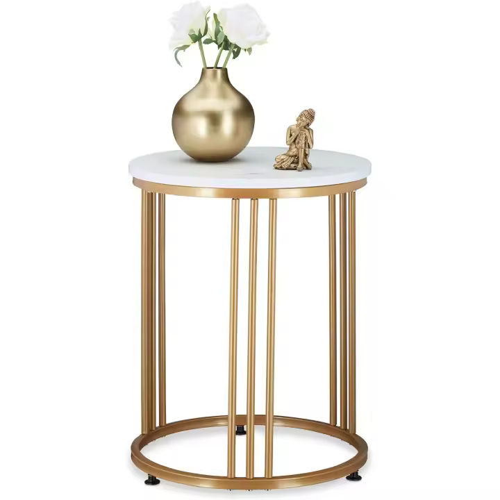 Relaxdays Mesa Auxiliar MARMO, Mesita Salón, Metal y MDF, Tablero Redondo, Efecto Mármol, 51 x 41 cm, Blanco y Dorado - 1