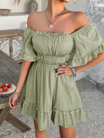 2025 primavera y verano estilo de vacaciones de ocio europeo y americano color sólido borde de hongo vestido de manga corta falda corta para mujer - details 8