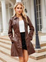 Gabardina cortavientos de piel sintética para mujer, chaquetas con cinturón, abrigo largo medio - details 4