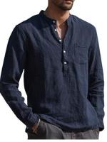 Camisa informal de lino para hombre, camisa de manga larga con cuello en V, ropa de playa, 2024 - details 10