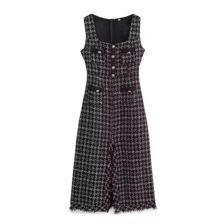 - Conjunto de dos piezas de moda coreana para mujer, blusa blanca con cuello de lazo y tirantes finos, minivestido de tweed con un solo botón - 1