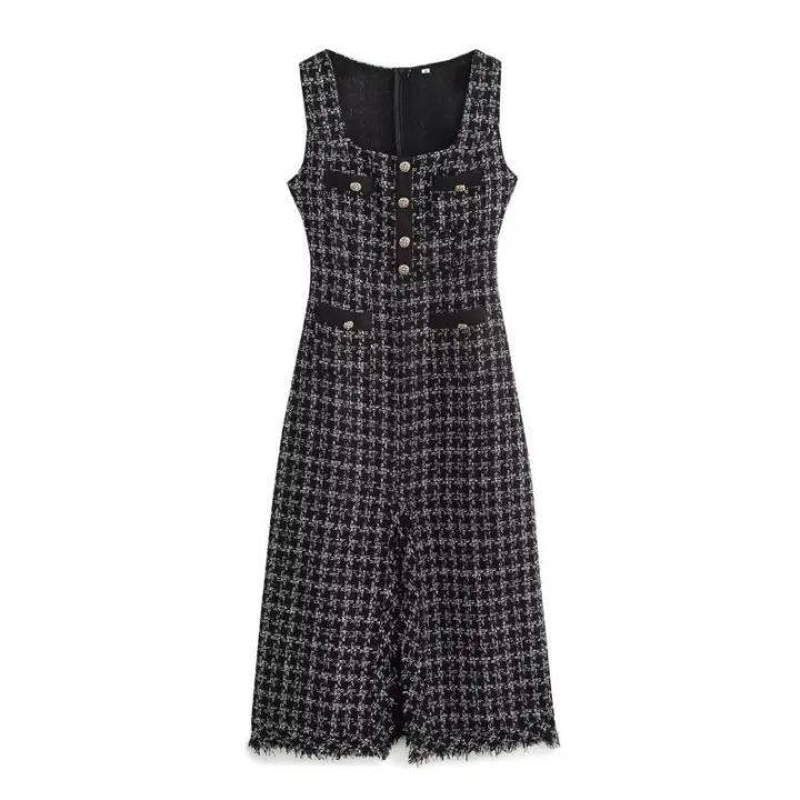 - Conjunto de dos piezas de moda coreana para mujer, blusa blanca con cuello de lazo y tirantes finos, minivestido de tweed con un solo botón - 1