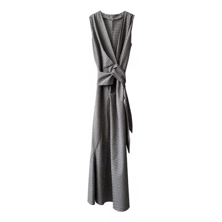 Vestido retro francés con cuello en V y cordones, falda a cuadros, diseño de verano, temperamento, vestido de viajero - 1