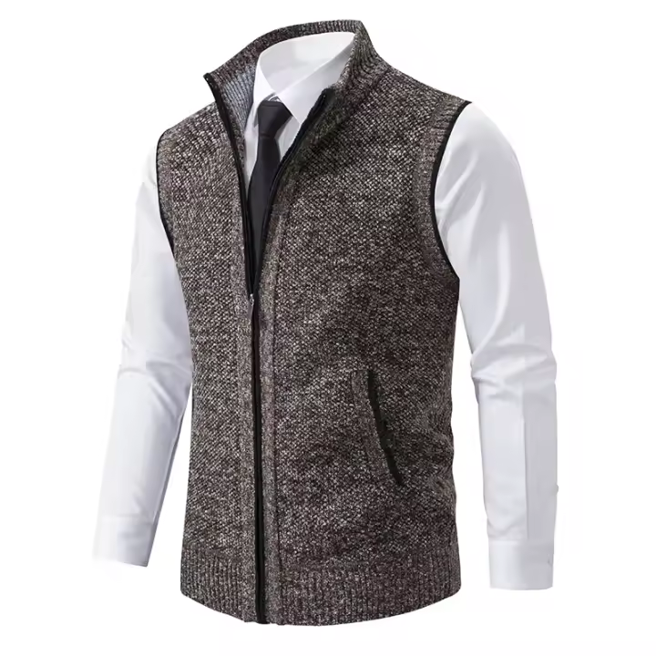 Suéter sin mangas de punto para hombre, cárdigan de terciopelo de lana con cremallera, jerséis de cuello alto, Chaleco de punto - 1