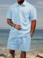 Conjunto de polo liso y pantalones cortos con cordón en la cintura para hombre, trajes de dos piezas cómodos y transpirables para uso diario al aire libre, ropa de hombre para el verano - details 1