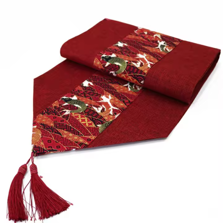 Camino de mesa de estilo chino rojo de lino y algodón con borla, mantel con estampado de peces de la suerte, cubierta de mesa Vintage para fiesta de boda - 1