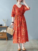 Vestidos de algodón de manga corta vintage floral nuevo en vestidos para mujer casual suelto largo vestido de verano ropa elegante 2025 - details 2