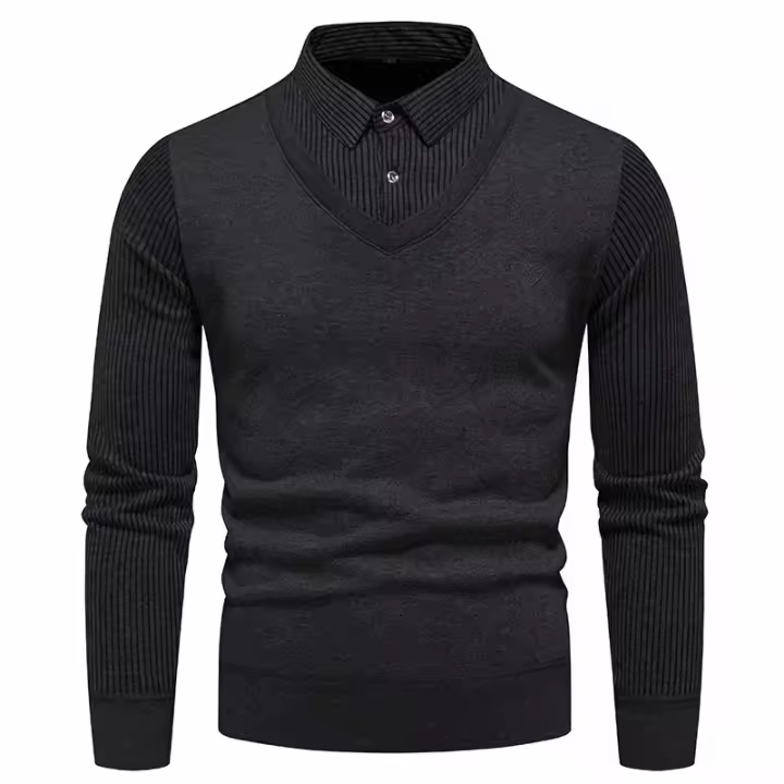 Otoño e Invierno nuevo suéter falso de dos piezas para hombres con forro polar y cuello tipo Polo ajustado camisa inferior de punto gruesa y cálida - 1