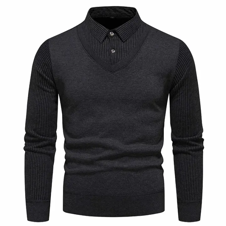 Otoño e Invierno nuevo suéter falso de dos piezas para hombres con forro polar y cuello tipo Polo ajustado camisa inferior de punto gruesa y cálida - 1