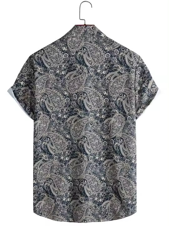 Patrón de plantas informal para hombre, camiseta de manga corta con cuello enrollado no elástico, abotonada, ropa de verano para hombre - 1