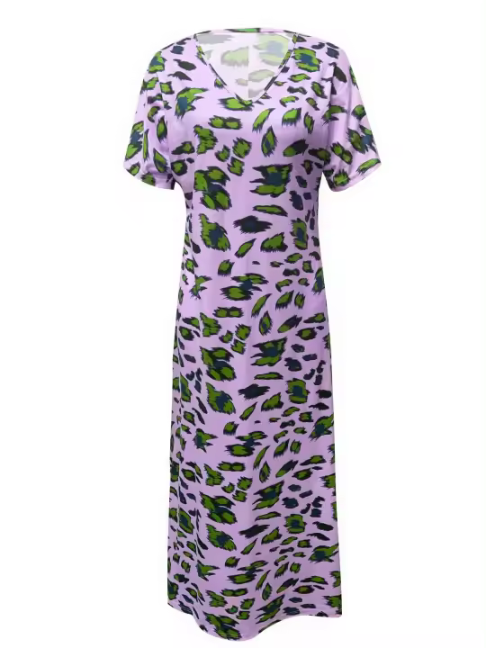 2025 Primavera/Verano nuevo vestido largo estampado con flores románticas con cuello en V para mujer - 1