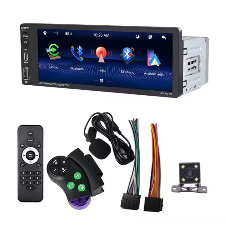 Radio Estéreo con pantalla táctil para coche, Reproductor Multimedia Inalámbrico de 6,9 pulgadas, un solo Din, Android, Bluetooth, Mirror Link, micrófono FM, SWC - 1