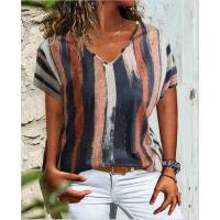 Camiseta Estampada 3D a Rayas Moda Casual Vintage para Mujeres Cuello en V Manga Corta - details 4