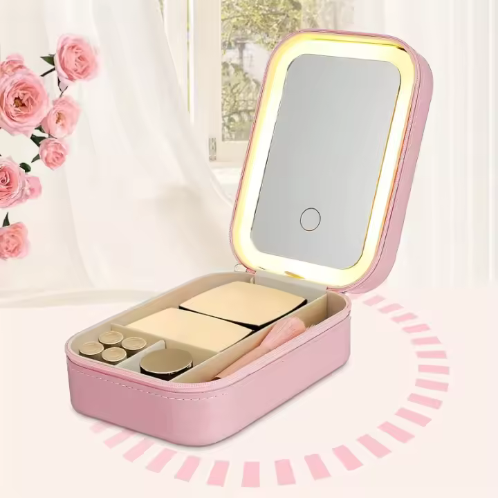 Bolsa de maquillaje con espejo de luz LED, estuche de maquillaje de viaje, organizador de cosméticos, recargable, regalo de Navidad - 1