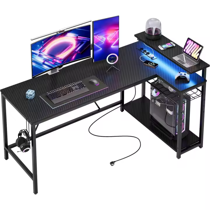 Mesa de Juegos de Estilo Industrial de 147 cm en Forma de L Luz LED, Toma de Corriente, Escritorio de Esquina Reversible para Oficina en Casa con Estante, Mesa de Esports, Estación de Trabajo para PC Más Grande - 1