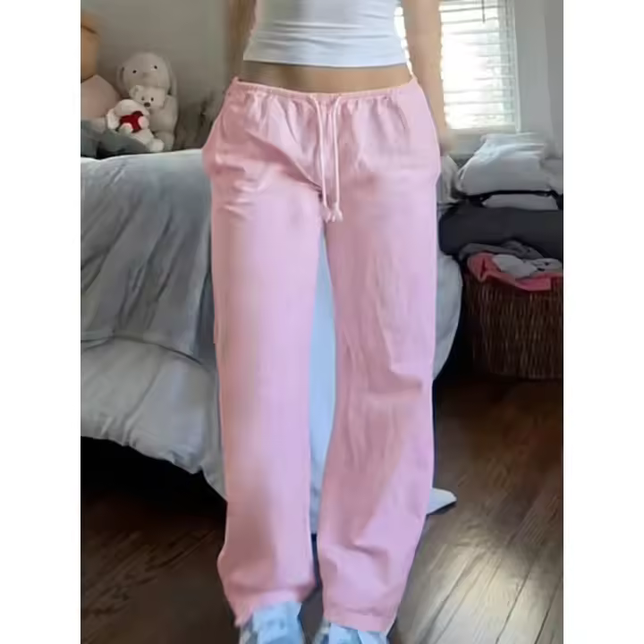 Sweetown-pantalones de pierna recta para mujer, pantalón informal, holgado, liso, color rosa, con cordón, cintura baja, Y2K, para correr - 1
