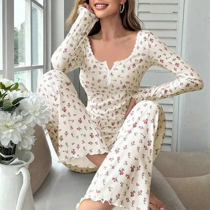 Conjunto De Pijamas Para Mujer Con Cuello Redondo Y Mangas Largas Pantalones Elásticos Ropa Casual De Primavera Dos Piezas - 1