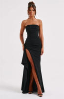 Mozision Strapless Backless Maxi Dress Women High Split Long Dress Sleeveless Off Shoulder Black Party Club Dress - details 5