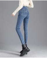 Pantalones vaqueros térmicos de lana gruesa para mujer, Vaqueros ajustados cálidos de cintura alta, pantalones pitillo con botones elásticos, pantalones vaqueros informales de terciopelo para mamá - details 19